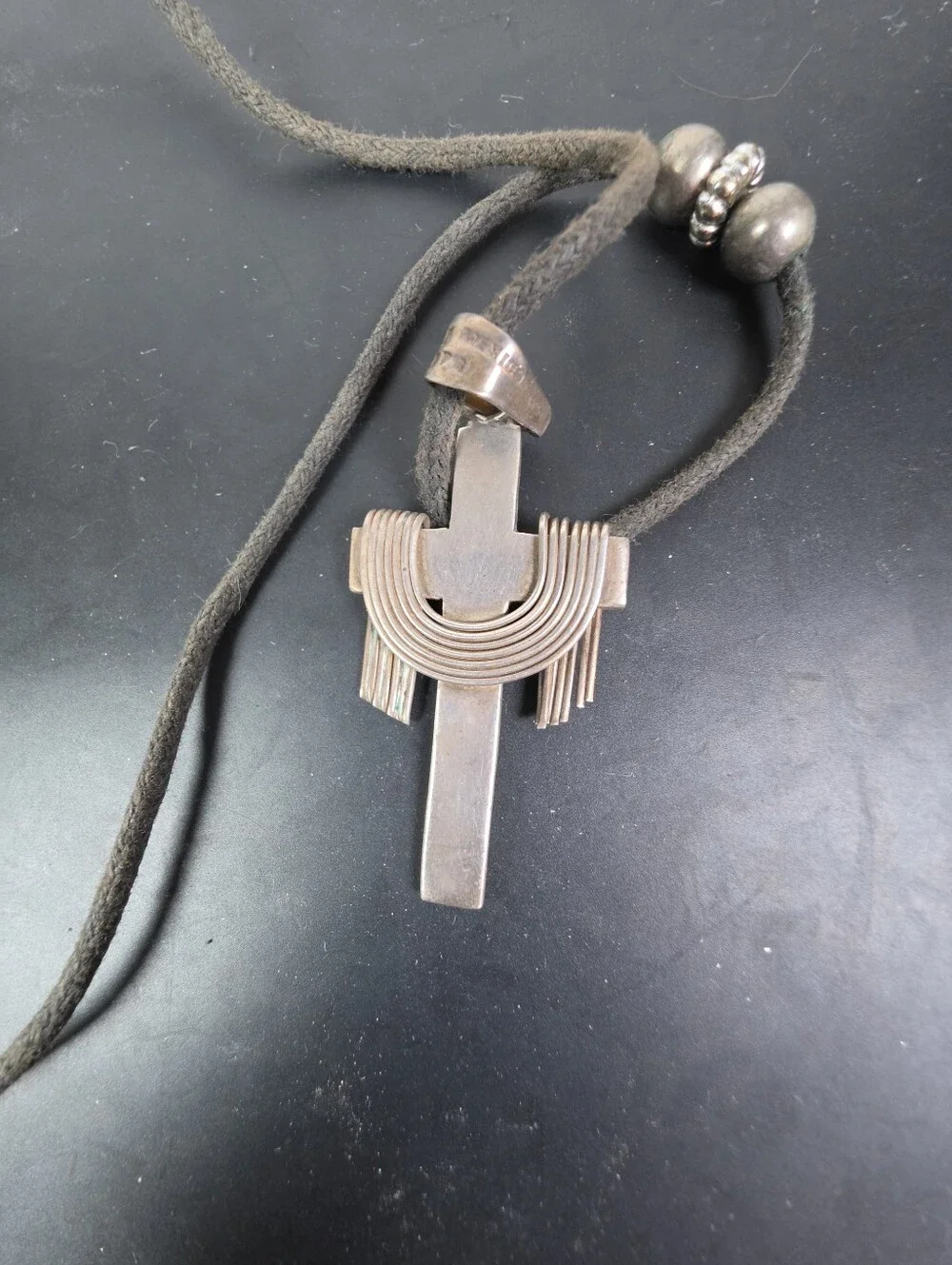 Vintage Sterling Silver Jesus Crucifix On Leather Cord